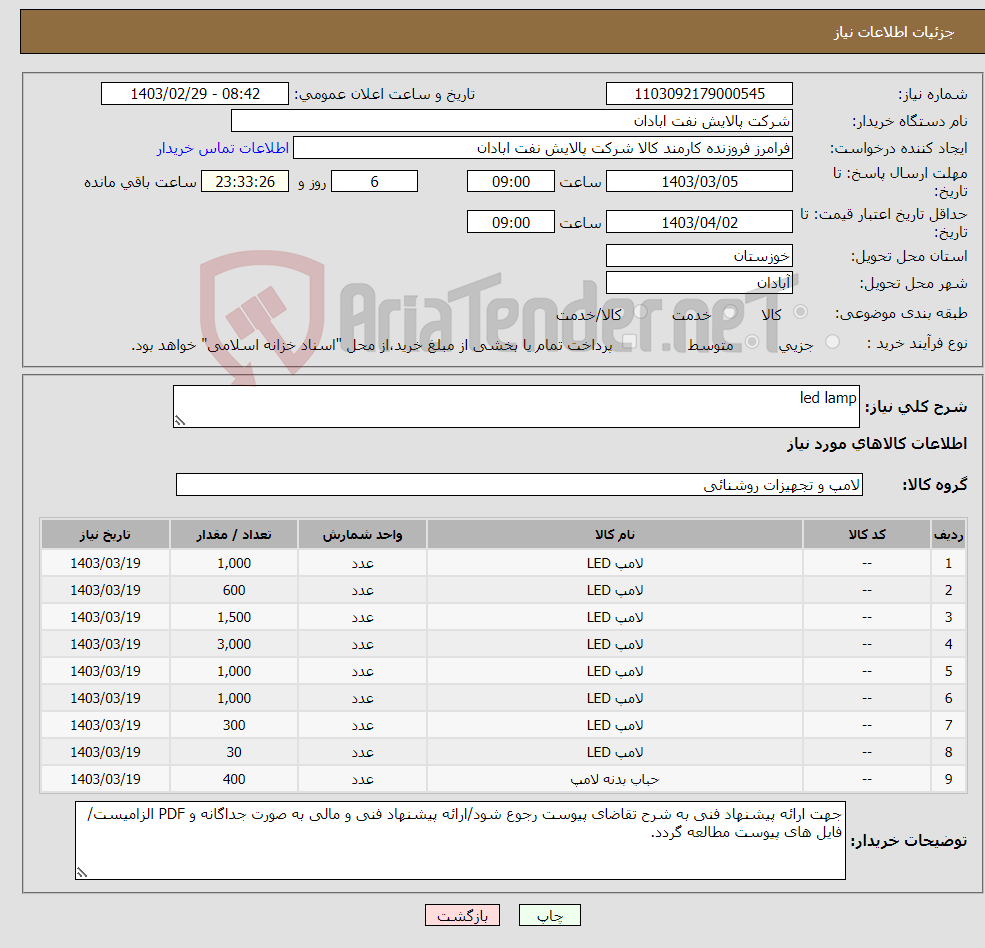 تصویر کوچک آگهی نیاز انتخاب تامین کننده-led lamp