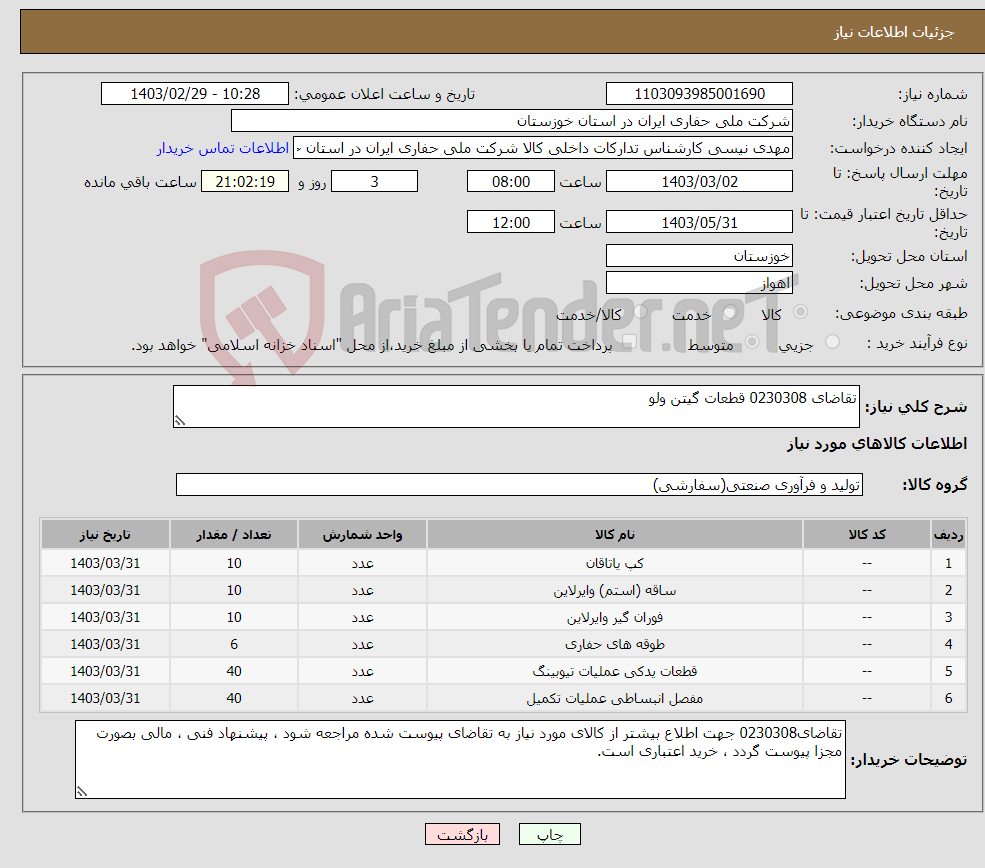 تصویر کوچک آگهی نیاز انتخاب تامین کننده-تقاضای 0230308 قطعات گیتن ولو 