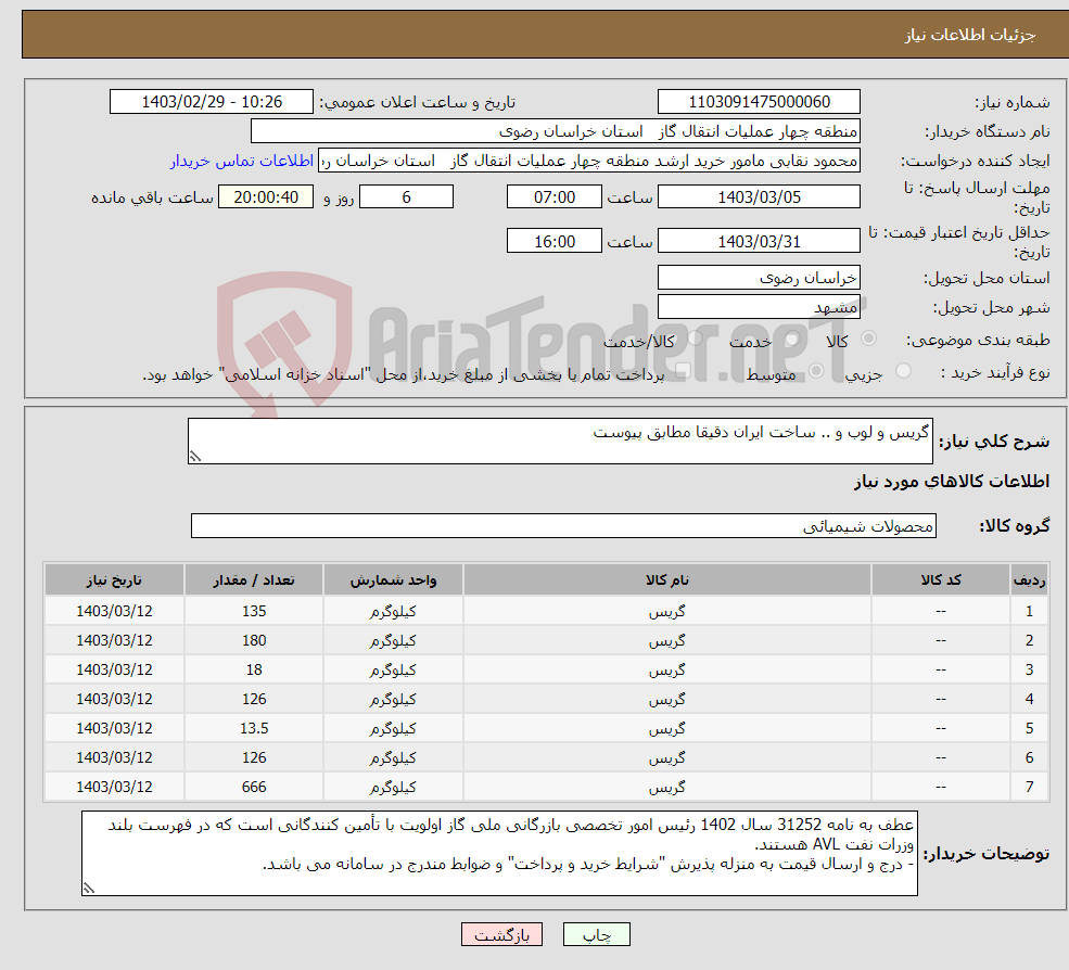 تصویر کوچک آگهی نیاز انتخاب تامین کننده-گریس و لوب و .. ساخت ایران دقیقا مطابق پیوست