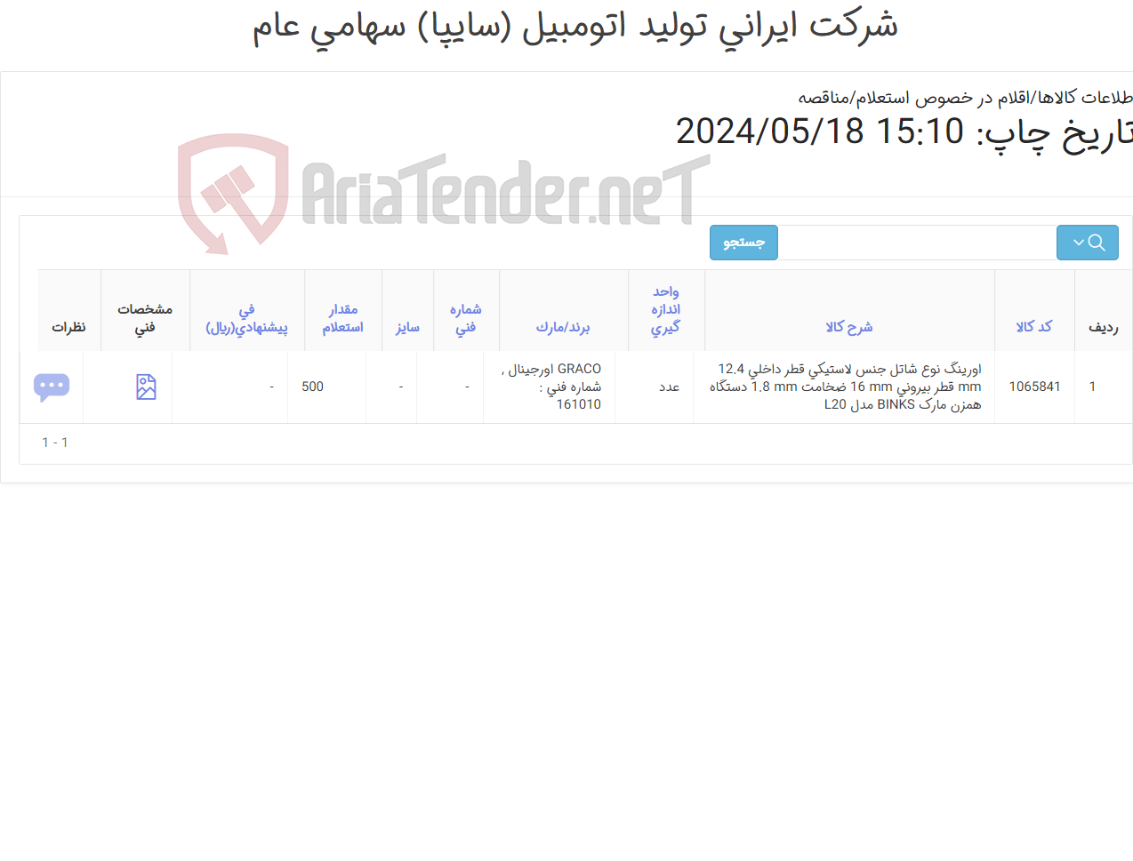 تصویر کوچک آگهی تامین یک ردیف اورینگ