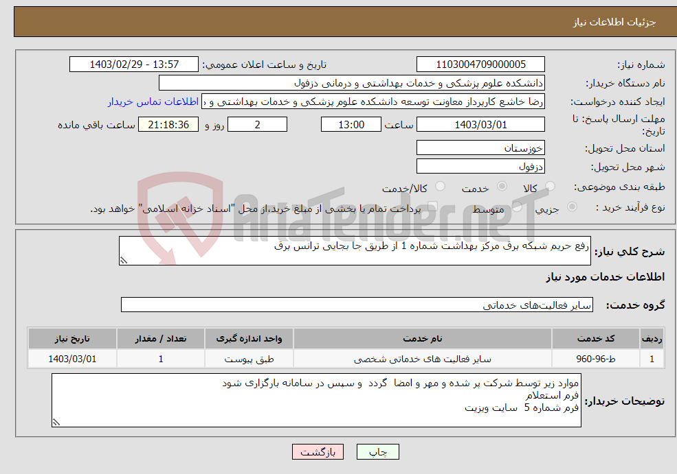 تصویر کوچک آگهی نیاز انتخاب تامین کننده-رفع حریم شبکه برق مرکز بهداشت شماره 1 از طریق جا بجایی ترانس برق