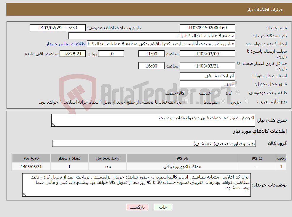 تصویر کوچک آگهی نیاز انتخاب تامین کننده-اکچویتر .طبق مشخصات فنی و جدول مقادیر پیوست