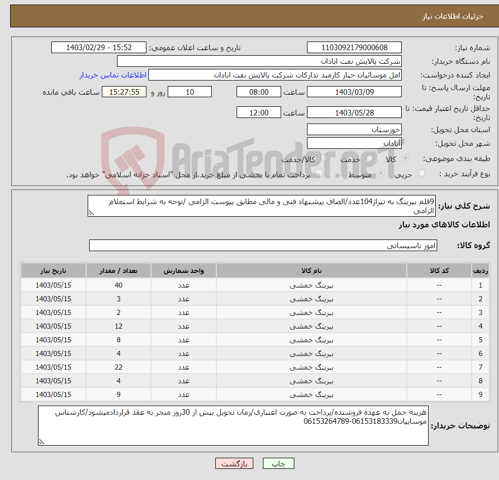 تصویر کوچک آگهی نیاز انتخاب تامین کننده-9قلم بیرینگ به تیراژ104عدد/الصاق پیشنهاد فنی و مالی مطابق پیوست الزامی /توجه به شرایط استعلام الزامی