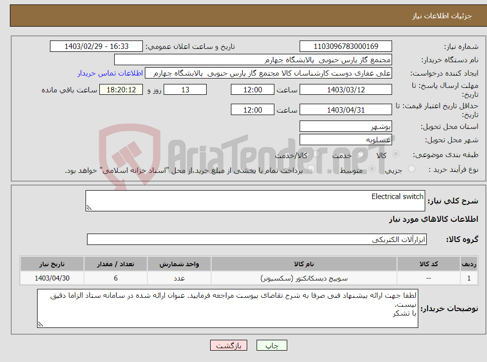 تصویر کوچک آگهی نیاز انتخاب تامین کننده-Electrical switch