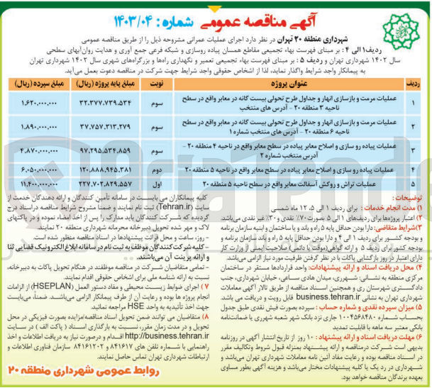 تصویر کوچک آگهی عملیات مرمت و بازسازی انهار و جداول طرح تحولی بیست گانه معابر واقع در سطح ناحیه5 منطقه 20 