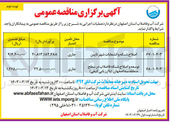 تصویر کوچک آگهی اصلاح شبکه و انشعابات شهر نایین 