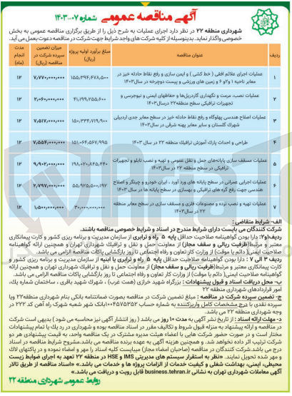 تصویر کوچک آگهی عملیات اجرای علائم افقی (خط کشی) و ایمن سازی و رفع نقاط حادثه خیز در معابر ناحیه 1 و 2 و 6 و زمین های ورزشی و پیست دوچرخه در سال 1402