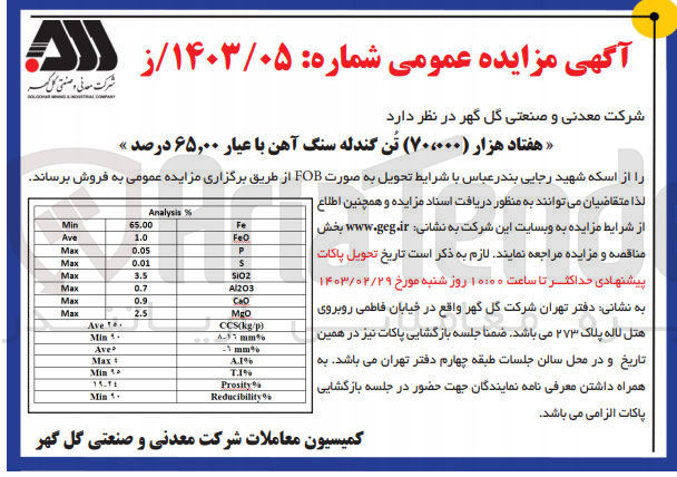 تصویر کوچک آگهی اصلاح و تمدید فروش 70،000 تن گندله سنگ آهن با عیار 65،00 درصد 