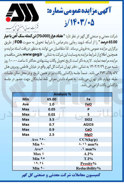 تصویر کوچک آگهی فروش هفتاد هزار (70،000) تن گندله سنگ آهن با عیار 65.00 درصد "