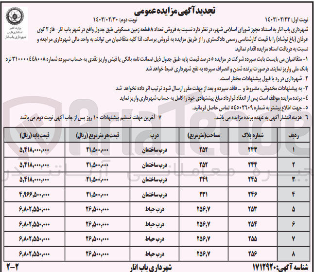 تصویر کوچک آگهی فروش 8 قطعه زمین مسکونی شهر باب انار -فاز. کوی عرفان باغ نوشاد