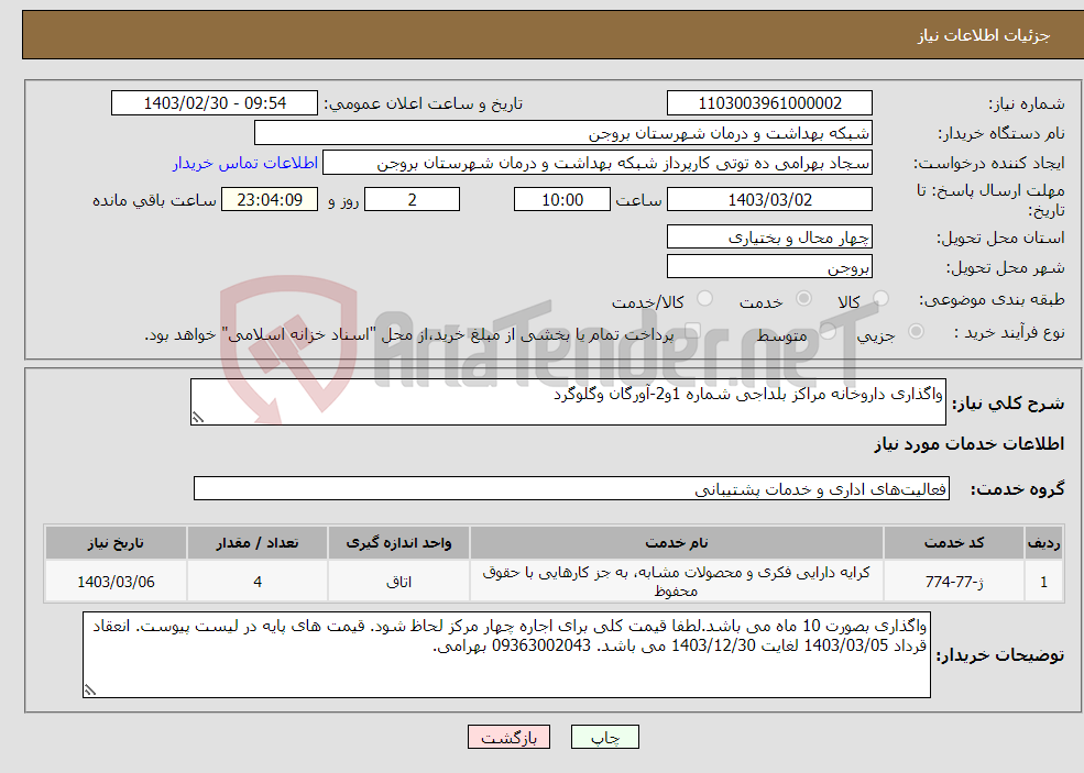 تصویر کوچک آگهی نیاز انتخاب تامین کننده-واگذاری داروخانه مراکز بلداجی شماره 1و2-آورگان وگلوگرد