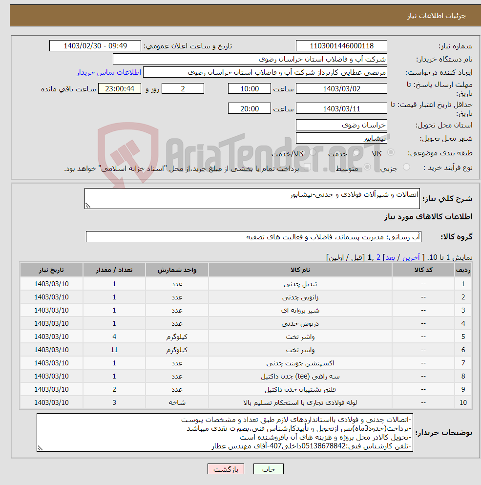 تصویر کوچک آگهی نیاز انتخاب تامین کننده-اتصالات و شیرآلات فولادی و چدنی-نیشابور