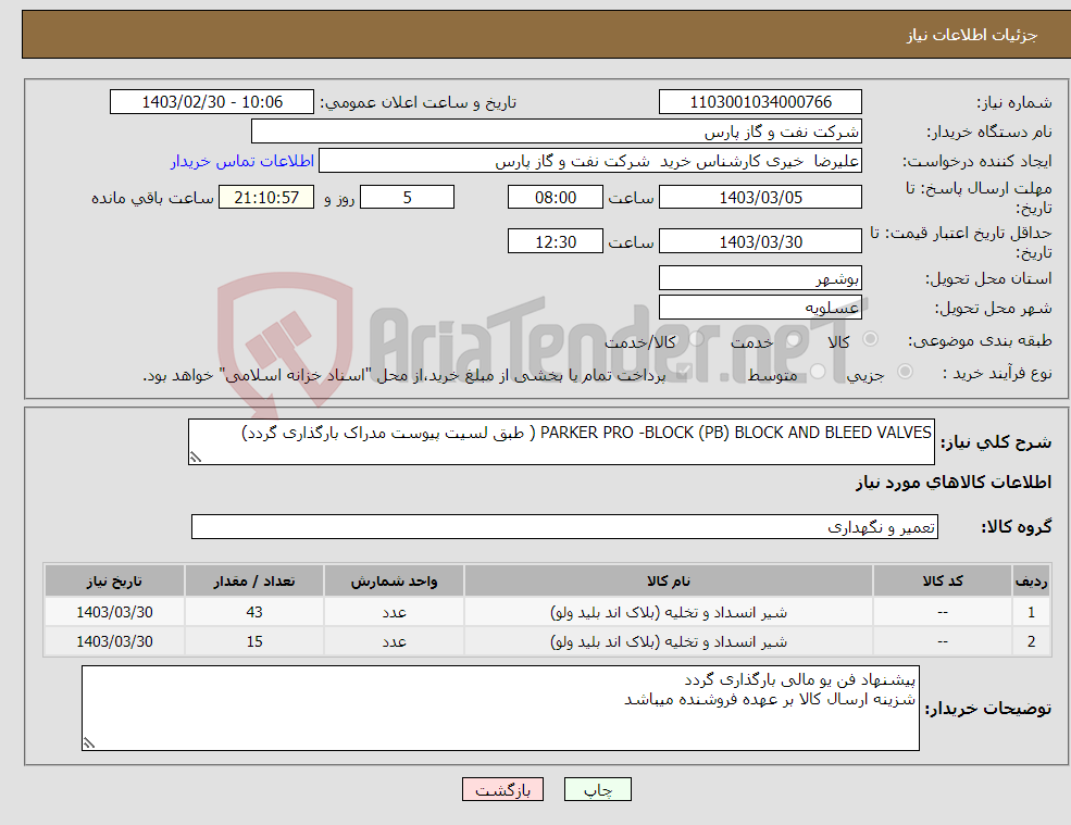 تصویر کوچک آگهی نیاز انتخاب تامین کننده-PARKER PRO -BLOCK (PB) BLOCK AND BLEED VALVES ( طبق لسیت پیوست مدراک بارگذاری گردد)