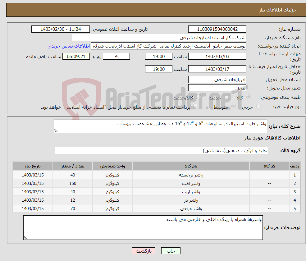 تصویر کوچک آگهی نیاز انتخاب تامین کننده-واشر فلزی اسپیرال در سایزهای "6 و "12 و "16 و... مطابق مشخصات پیوست