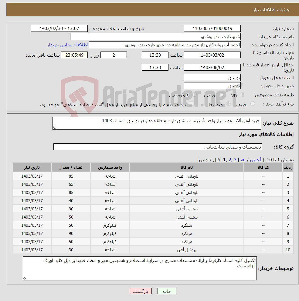 تصویر کوچک آگهی نیاز انتخاب تامین کننده-خرید آهن آلات مورد نیاز واحد تأسیسات شهرداری منطقه دو بندر بوشهر - سال 1403