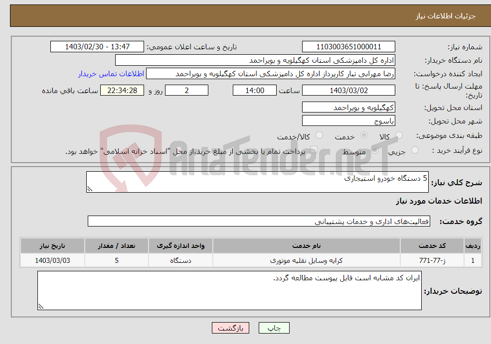 تصویر کوچک آگهی نیاز انتخاب تامین کننده-5 دستگاه خودرو استیجاری