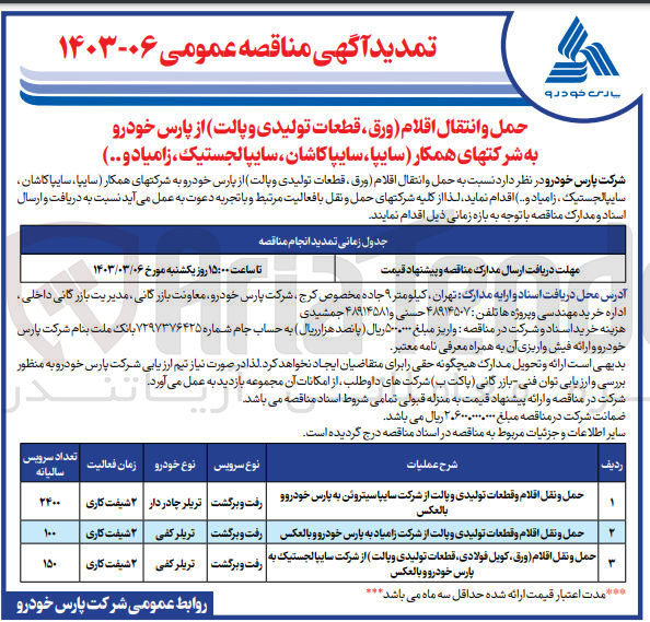 تصویر کوچک آگهی  نسبت به حمل و انتقال اقلام (ورق) قطعات تولیدی و پالت 