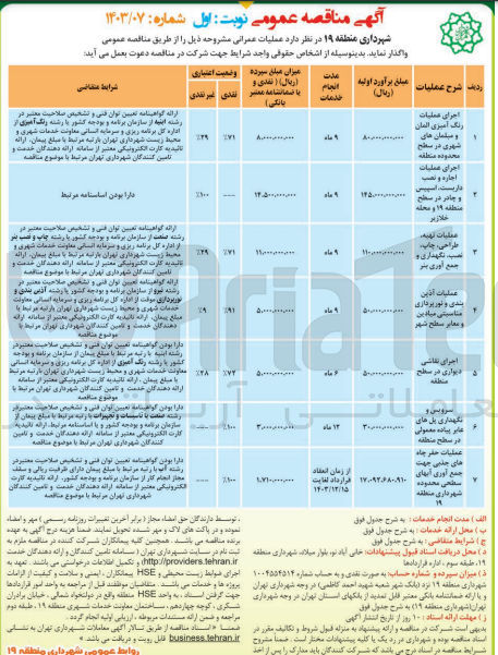 تصویر کوچک آگهی عملیات حفر چاه های جذبی جهت جمع آوری آبهای سطحی محدوده شهرداری منطقه 19