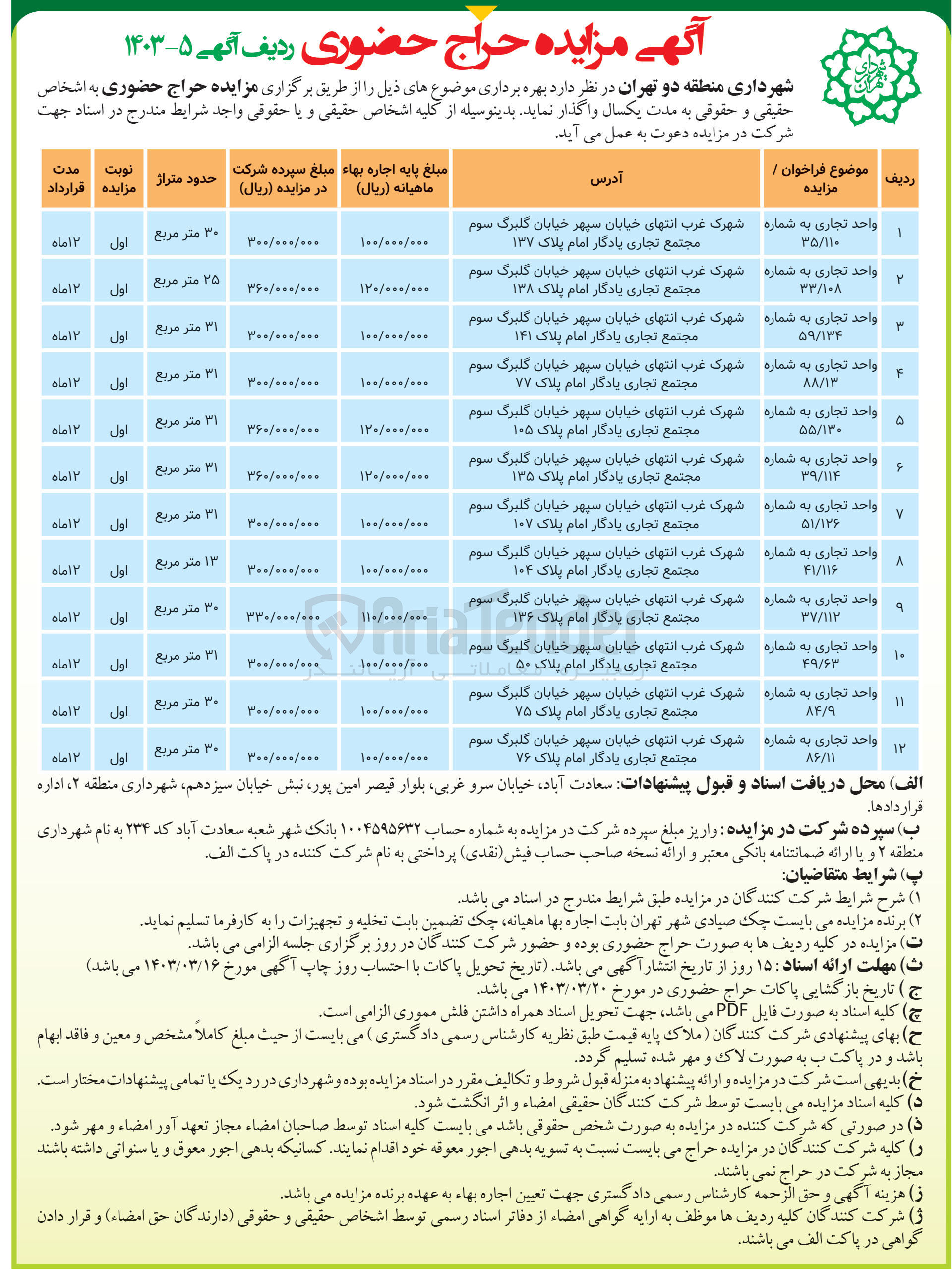 تصویر کوچک آگهی فروش املاک در 12 ردیف با کاربری تجاری 