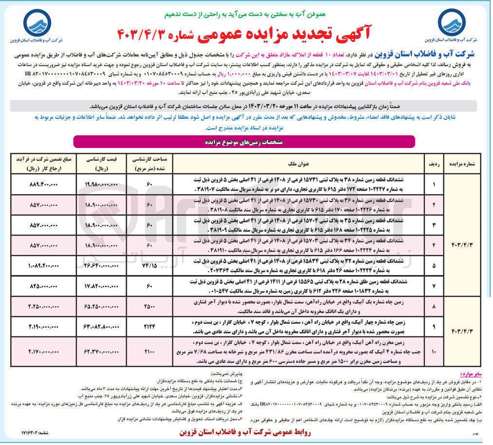 تصویر کوچک آگهی فروش تعداد 10 قطعه از املاک مازاد متعلق به شرکت 