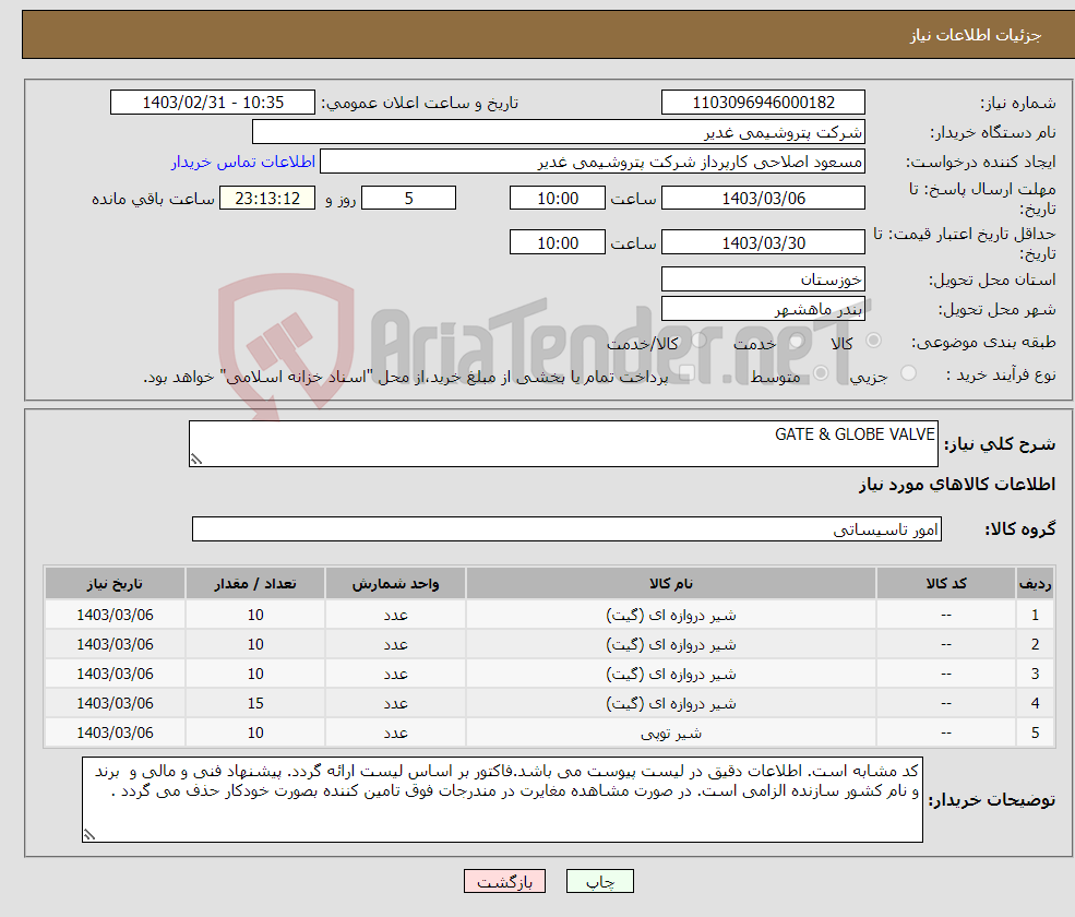 تصویر کوچک آگهی نیاز انتخاب تامین کننده-GATE & GLOBE VALVE