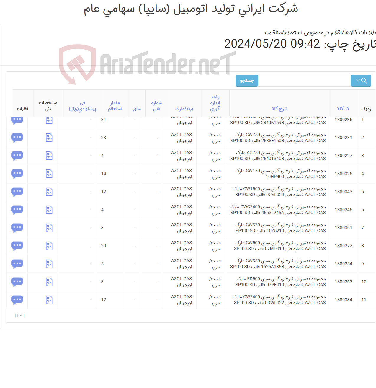 تصویر کوچک آگهی تامین یازده ردیف مجموعه ‎تعمیراتی‏ ‎فنرهای گازی