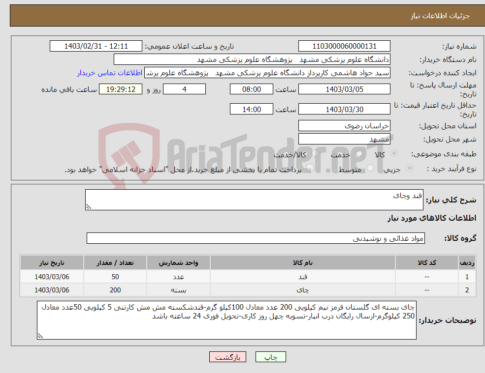 تصویر کوچک آگهی نیاز انتخاب تامین کننده-قند وچای