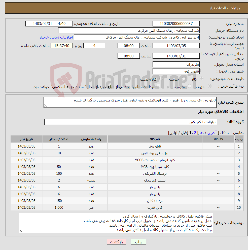 تصویر کوچک آگهی نیاز انتخاب تامین کننده-تابلو پی وی سی و ریل فیوز و کلید اتوماتیک و بقیه لوازم طبق مدرک پیوستی بارگذاری شده
