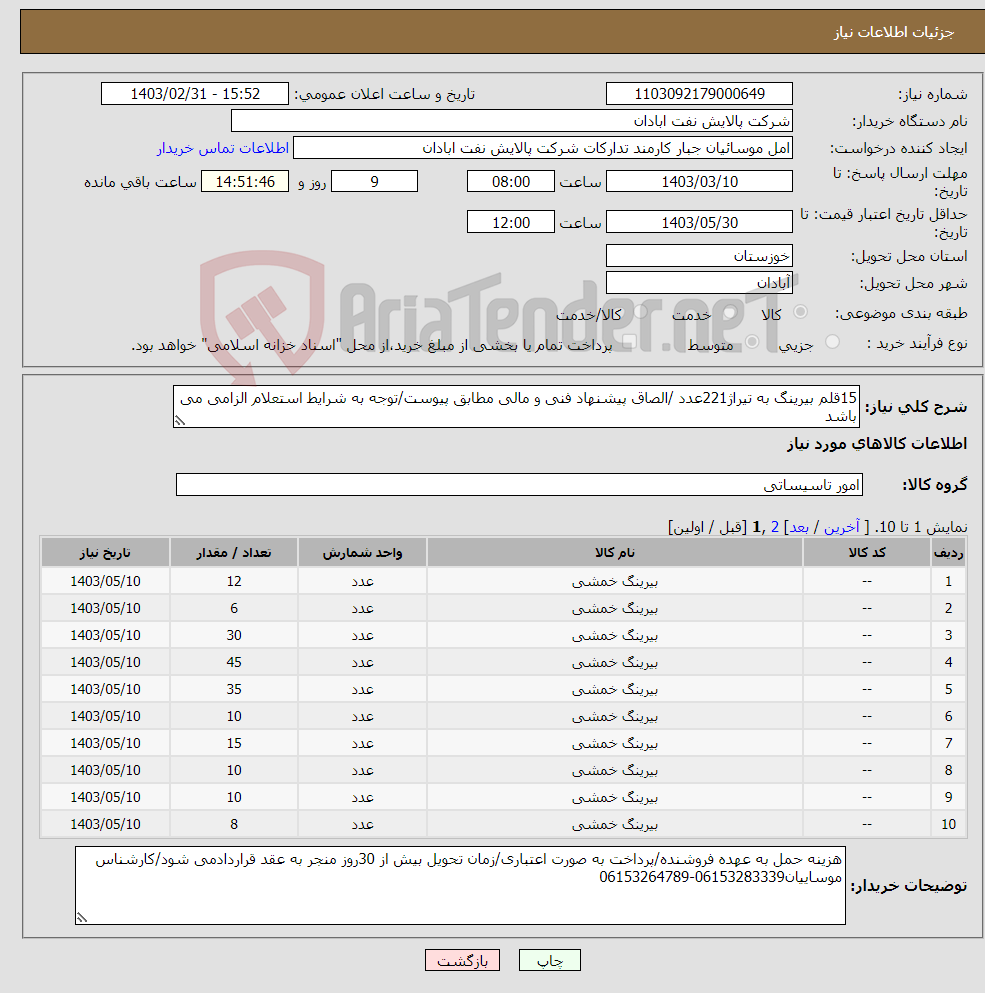 تصویر کوچک آگهی نیاز انتخاب تامین کننده-15قلم بیرینگ به تیراژ221عدد /الصاق پیشنهاد فنی و مالی مطابق پیوست/توجه به شرایط استعلام الزامی می باشد
