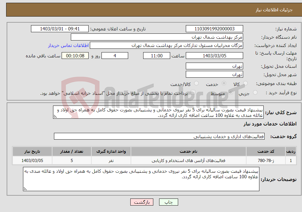 تصویر کوچک آگهی نیاز انتخاب تامین کننده-پیشنهاد قیمت بصورت سالیانه برای 5 نفر نیروی خدماتی و پشتیبانی بصورت حقوق کامل به همراه حق اولاد و عائله مندی به علاوه 100 ساعت اضافه کاری ارائه گردد.