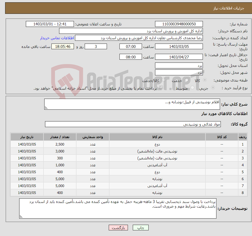 تصویر کوچک آگهی نیاز انتخاب تامین کننده-اقلام نوشیدنی از قبیل:نوشابه و...