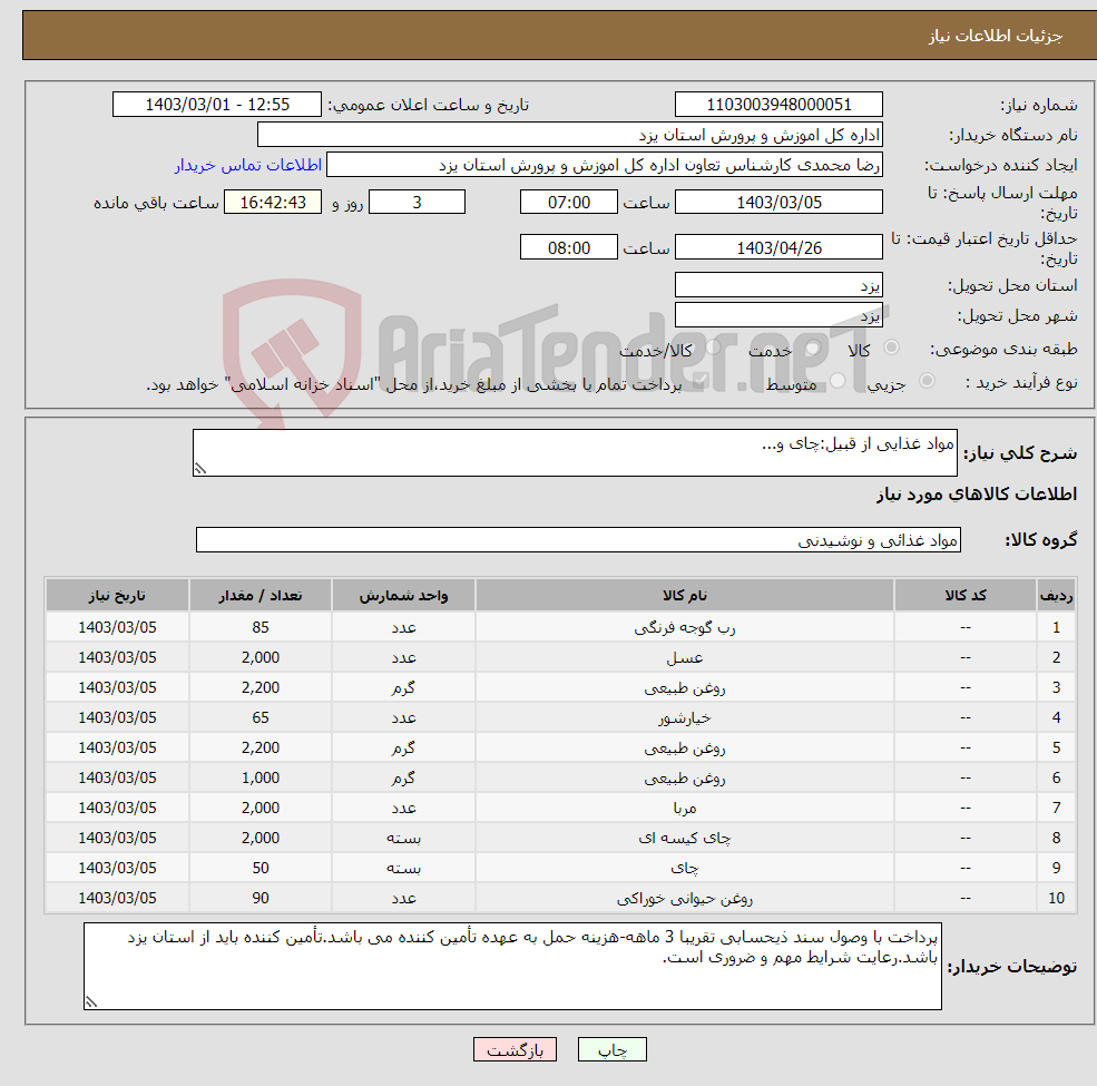 تصویر کوچک آگهی نیاز انتخاب تامین کننده-مواد غذایی از قبیل:چای و...