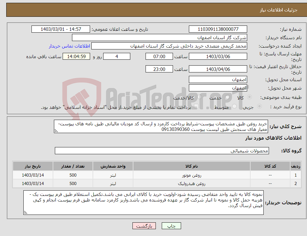 تصویر کوچک آگهی نیاز انتخاب تامین کننده-خرید روغن طبق مشخصات پیوست-شرایط پرداخت کارمزد و ارسال کد مودیان مالیاتی طبق نامه های پیوست- معیار های سنجش طبق لیست پیوست 09130390360