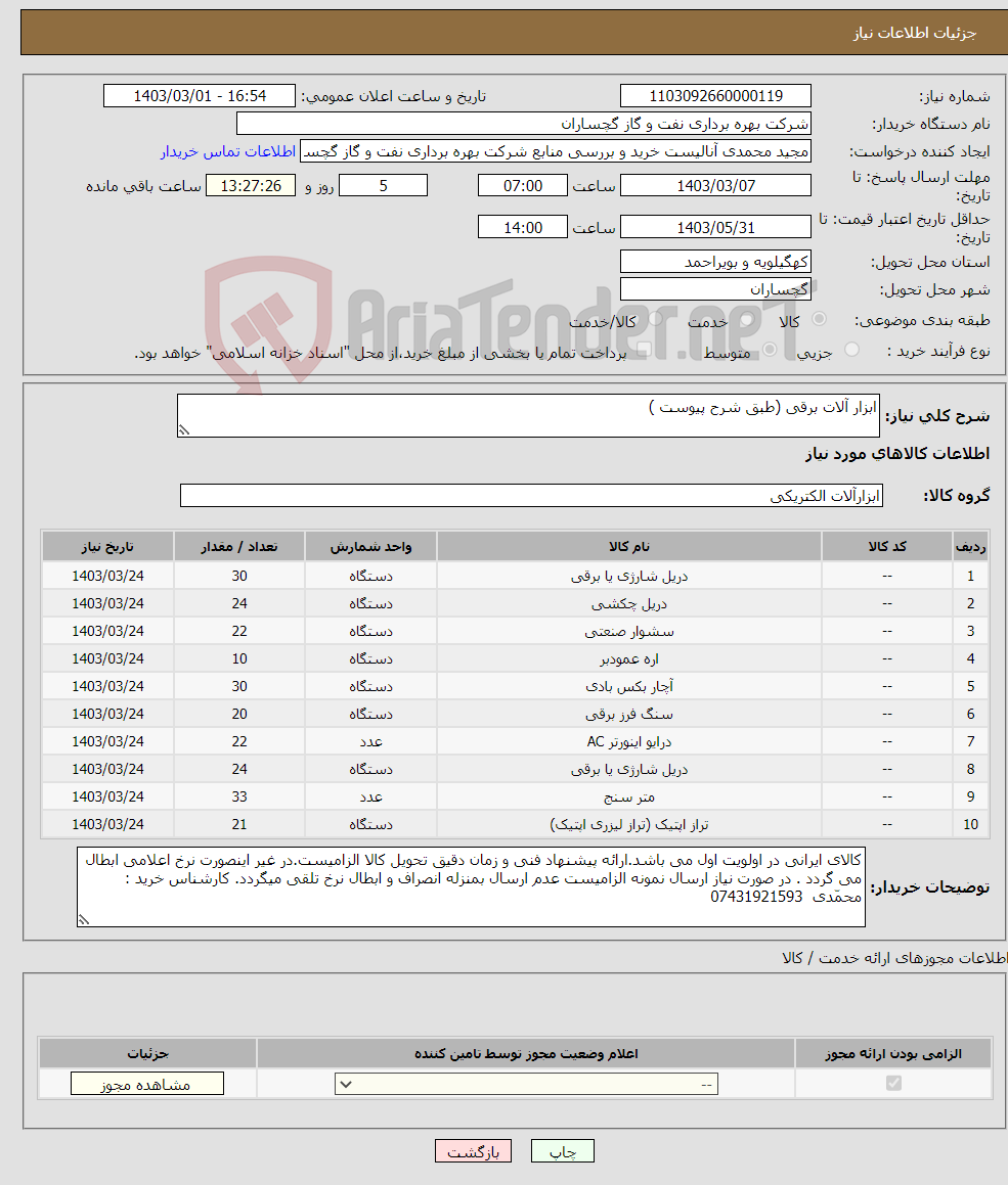 تصویر کوچک آگهی نیاز انتخاب تامین کننده-ابزار آلات برقی (طبق شرح پیوست )