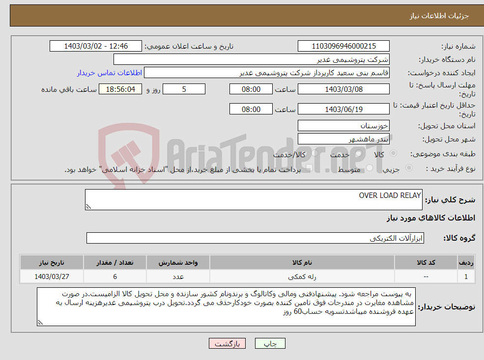 تصویر کوچک آگهی نیاز انتخاب تامین کننده-OVER LOAD RELAY