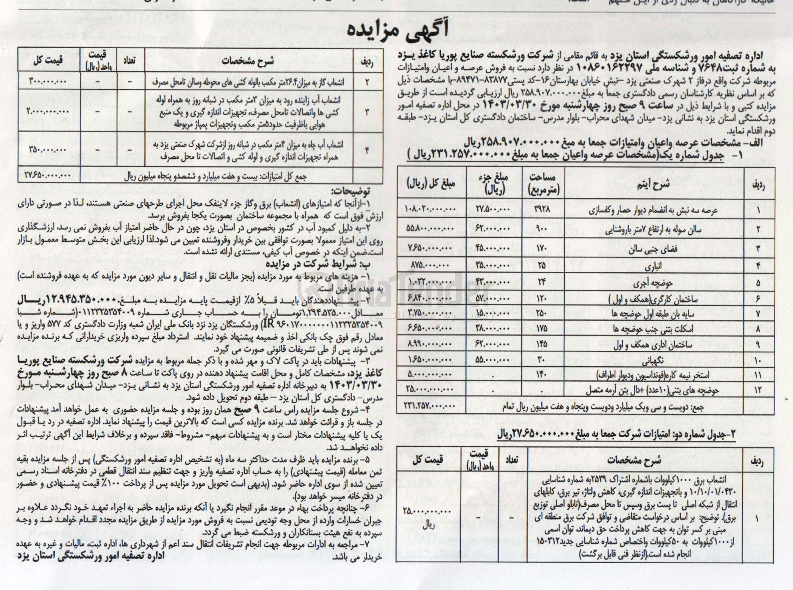 تصویر کوچک آگهی فروش عرصه و اعیان و امتیازات مربوطه شرکت 