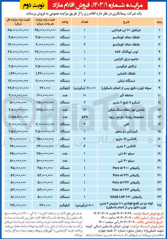 تصویر کوچک آگهی فروش اقلام در 25 ردیف شامل جرثقیل 70 تن هیتاچی - غلطک صاف کوماتسو - لودر لیوگانگ 856 - جامبو دریل اکراینی - تراکتور فرگوسن - غلطک کششی - دستگاه تراش - سوله - صاعقه گیر - اسکرو 8 اینچ 6 متری - شاسی نوار نقاله سنگ شکن - مجموعه رولیک دو سر رزوه - کفی - کمرشکن دو محور - کانکس 12 و 6 متری - سیلو 50 و 30 تنی - رکتیفایر - لوله دو سر فلنج فولادی 100 میلیمتر 6 متری 