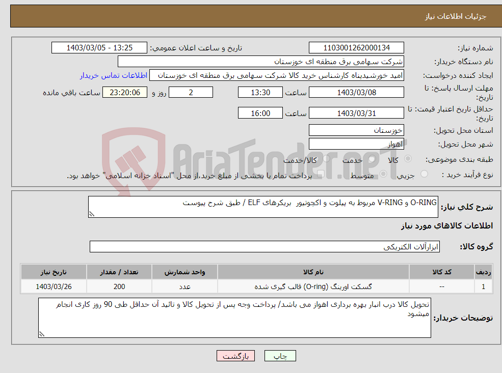 تصویر کوچک آگهی نیاز انتخاب تامین کننده-O-RING و V-RING مربوط به پیلوت و اکچوتیور بریکرهای ELF / طبق شرح پیوست 