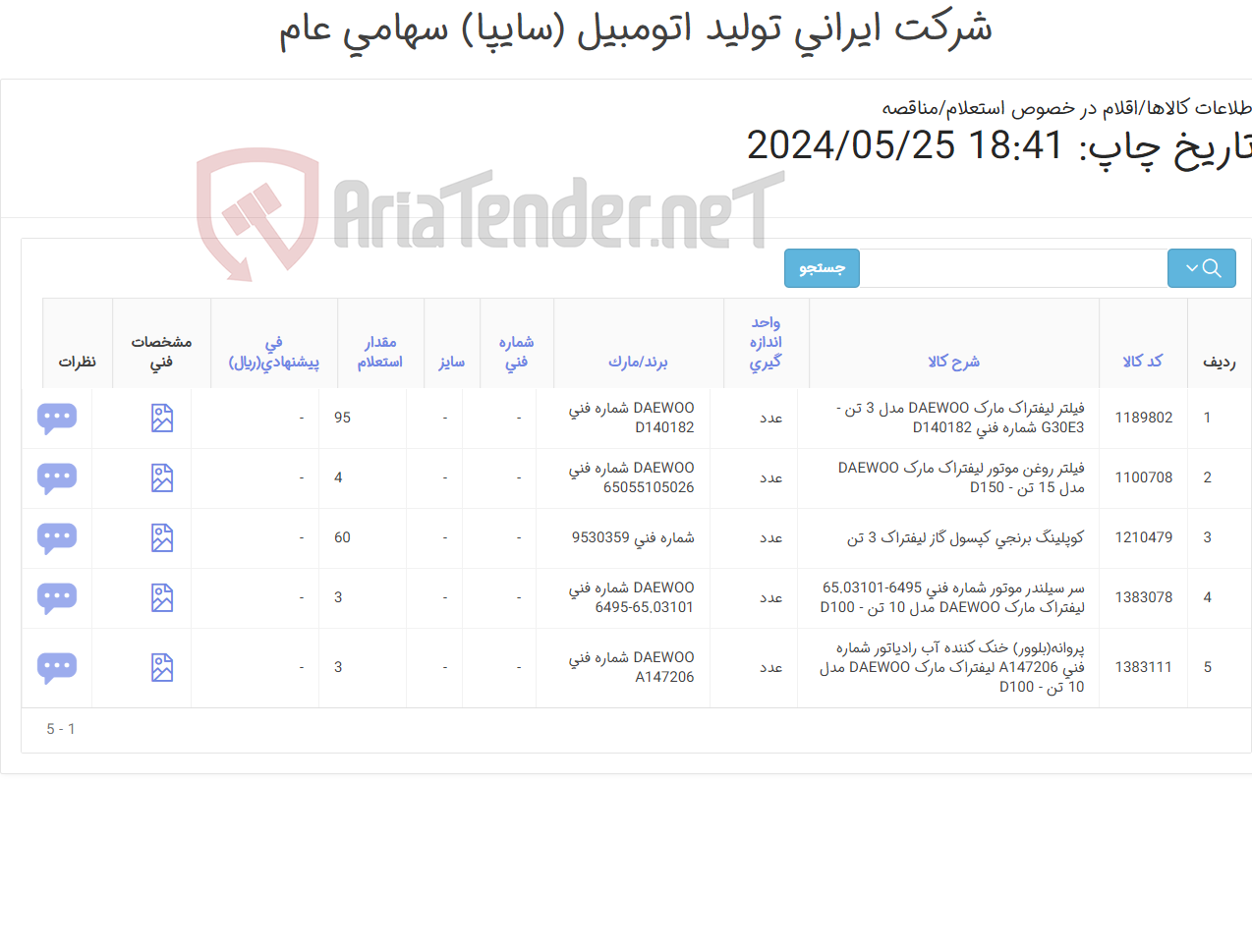تصویر کوچک آگهی 5 قلم لوازم یدکی لیفتراک DAEWOO ( شامل :فیلتر ‎روغن‏ - سر سیلندر ‎‎موتور‏ -کوپلینگ ‎و فیلتر )