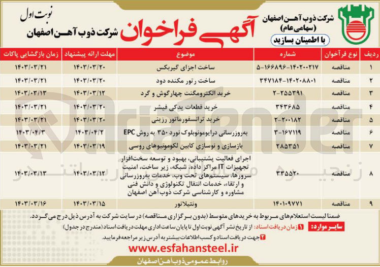 تصویر کوچک آگهی اجرای فعالیت پشتیبانی ،بهبود و توسعه سخت افزار تجهیزات it مراکز داده ،شبکه ،زیرساخت ،امنیت سرورها،سیستم های تحت وب ،خدمات به روز رسانی و ارتقا ،خدمات انتقال تکنولوژی و دانش فنی مشاوره و کارشناسی شرکت ذوب آهن اصفهان 