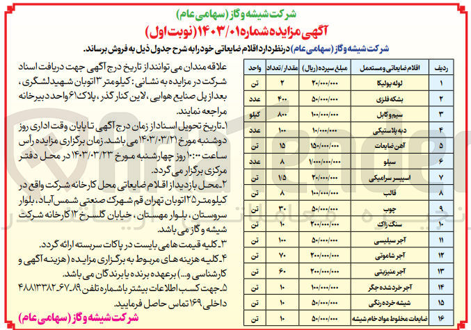 تصویر کوچک آگهی فروش اقلام ضایعاتی در 16 ردیف شامل لوله پولیکا - بشکه فلزی - سیم و کابل - دبه پلاستیکی - آهن ضایعات - سیلو - اسپیسر سرامیکی - قالب - چوب - سنگ زاک - آجر سیلیسی - آجر شاموتی - آجر منیزیتی - آجر خرد شده جگر - شیشه خرده رنگی - ضایعات مخلوط مواد خام شیشه