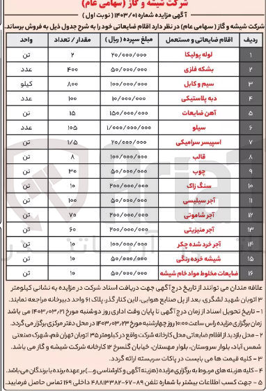 تصویر کوچک آگهی فروش اقلام ضایعاتی در 16 ردیف :
لوله پلیکا - قالب - آجر شاموتی - سیلو -دبه پلاستیکی و .....