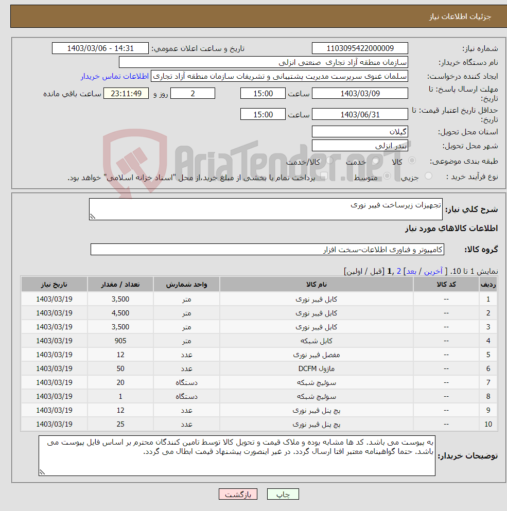 تصویر کوچک آگهی نیاز انتخاب تامین کننده-تجهیزات زیرساخت فیبر نوری