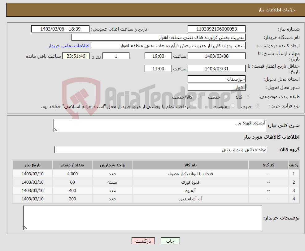تصویر کوچک آگهی نیاز انتخاب تامین کننده-آبمیوه. قهوه و...
