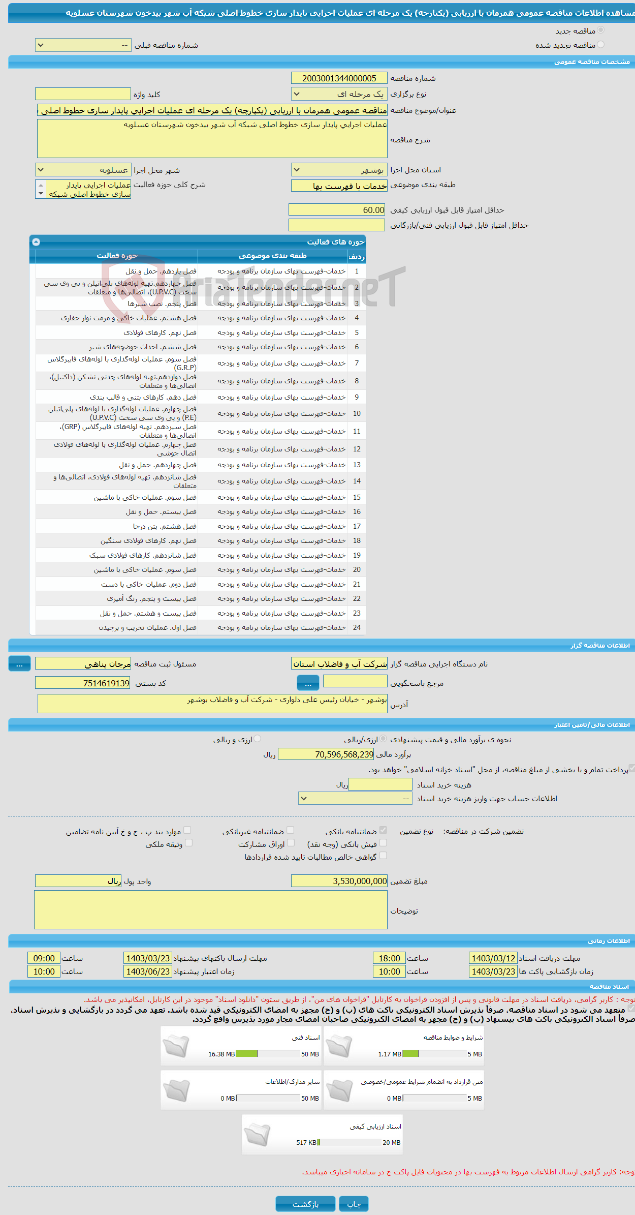 تصویر کوچک آگهی مناقصه عمومی همزمان با ارزیابی (یکپارچه) یک مرحله ای عملیات اجرایی پایدار سازی خطوط اصلی شبکه آب شهر بیدخون شهرستان عسلویه 