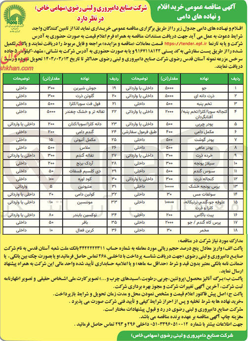تصویر کوچک آگهی خرید اقلام و نهاده های دامی
در 36 ردیف شامل : جو -ذرت -سبوس گندم-مخمر- بافر-تفاله کود اروره -مکمل ملاس و ....