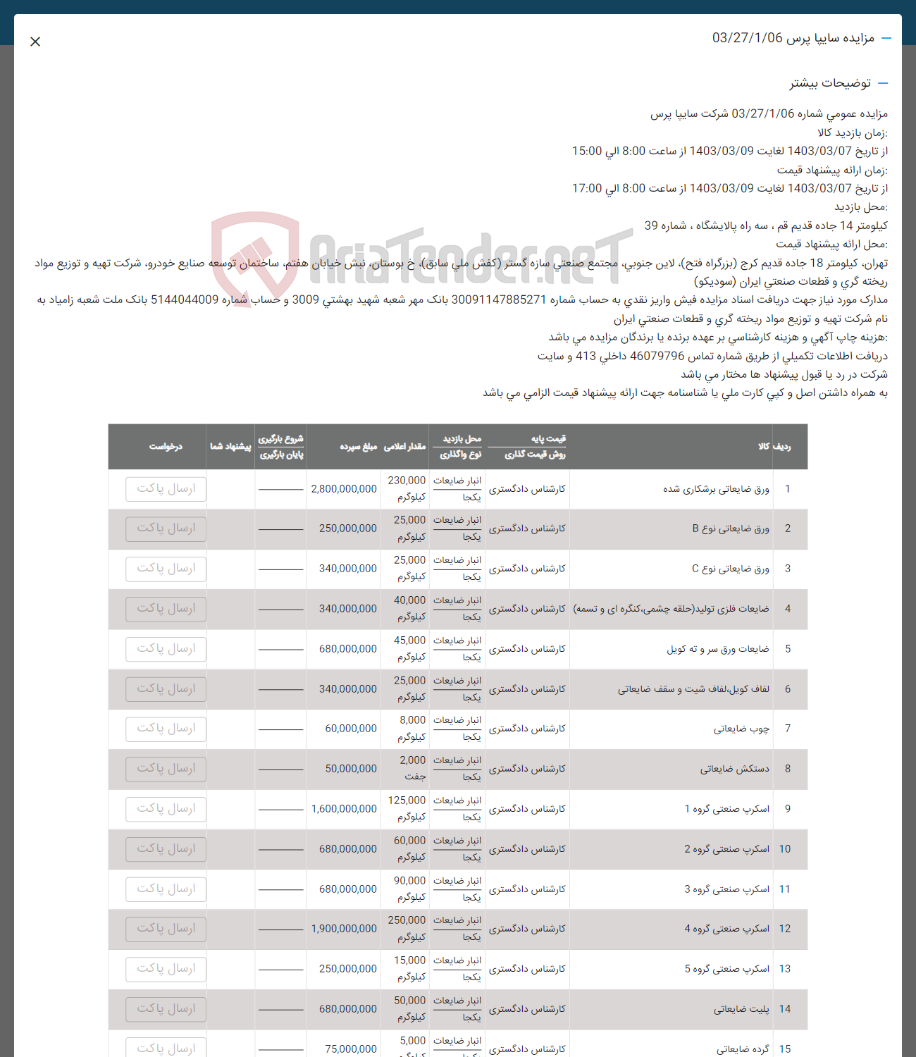 تصویر کوچک آگهی فروش اقلام در15 ردیف شامل: ورق ضایعاتی -ضایعات فلزی -چوب ضایعاتی -دستگش -اسکرپ صنعتی -پیلت ضایعاتی -کرده ضایعاتی 