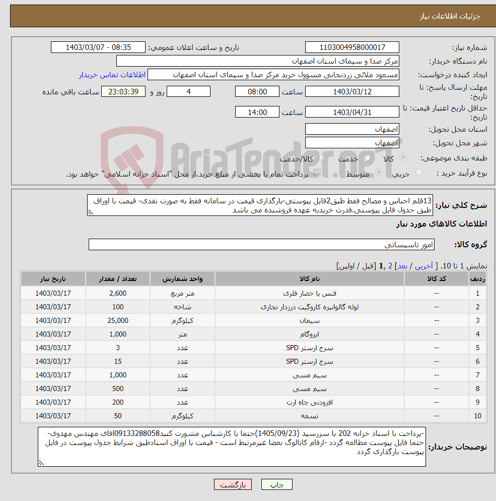 تصویر کوچک آگهی نیاز انتخاب تامین کننده-13قلم اجناس و مصالح فقط طبق2فایل پیوستی-بارگذاری قیمت در سامانه فقط به صورت نقدی- قیمت با اوراق طبق جدول فایل پیوستی.قدرت خریدبه عهده فروشنده می باشد 