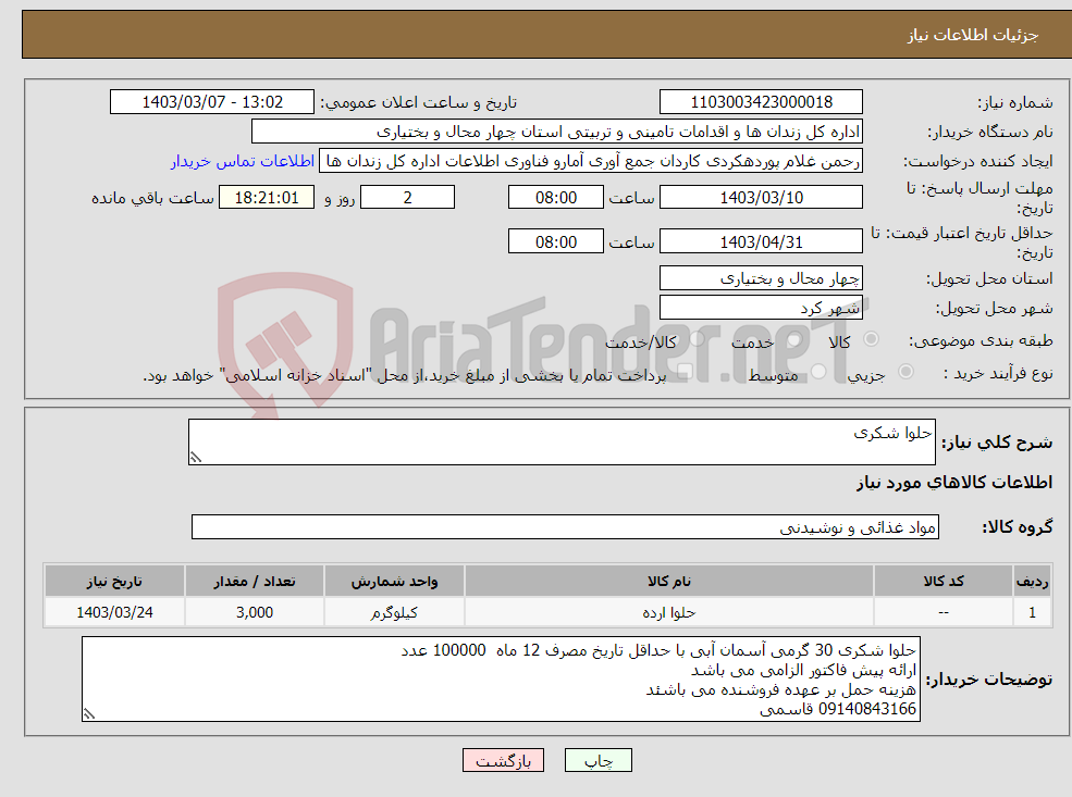تصویر کوچک آگهی نیاز انتخاب تامین کننده-حلوا شکری