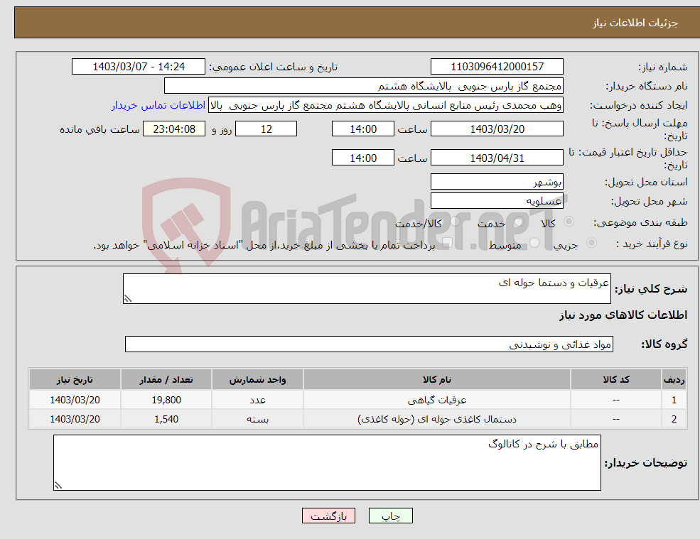 تصویر کوچک آگهی نیاز انتخاب تامین کننده-عرقیات و دستما حوله ای 